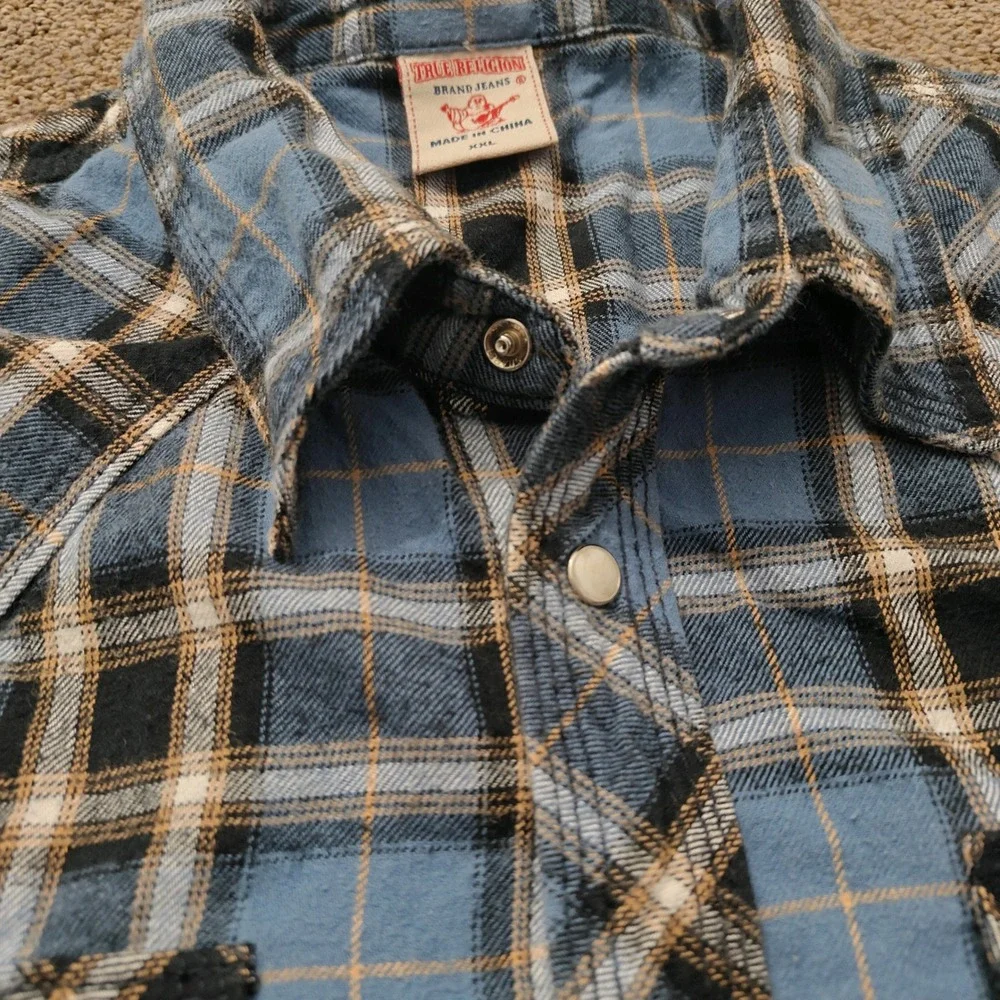 True Religion Mens XXL‎ Blue Plaid Flannel Western Pearl Snap Shirt MP4BL68VYFK